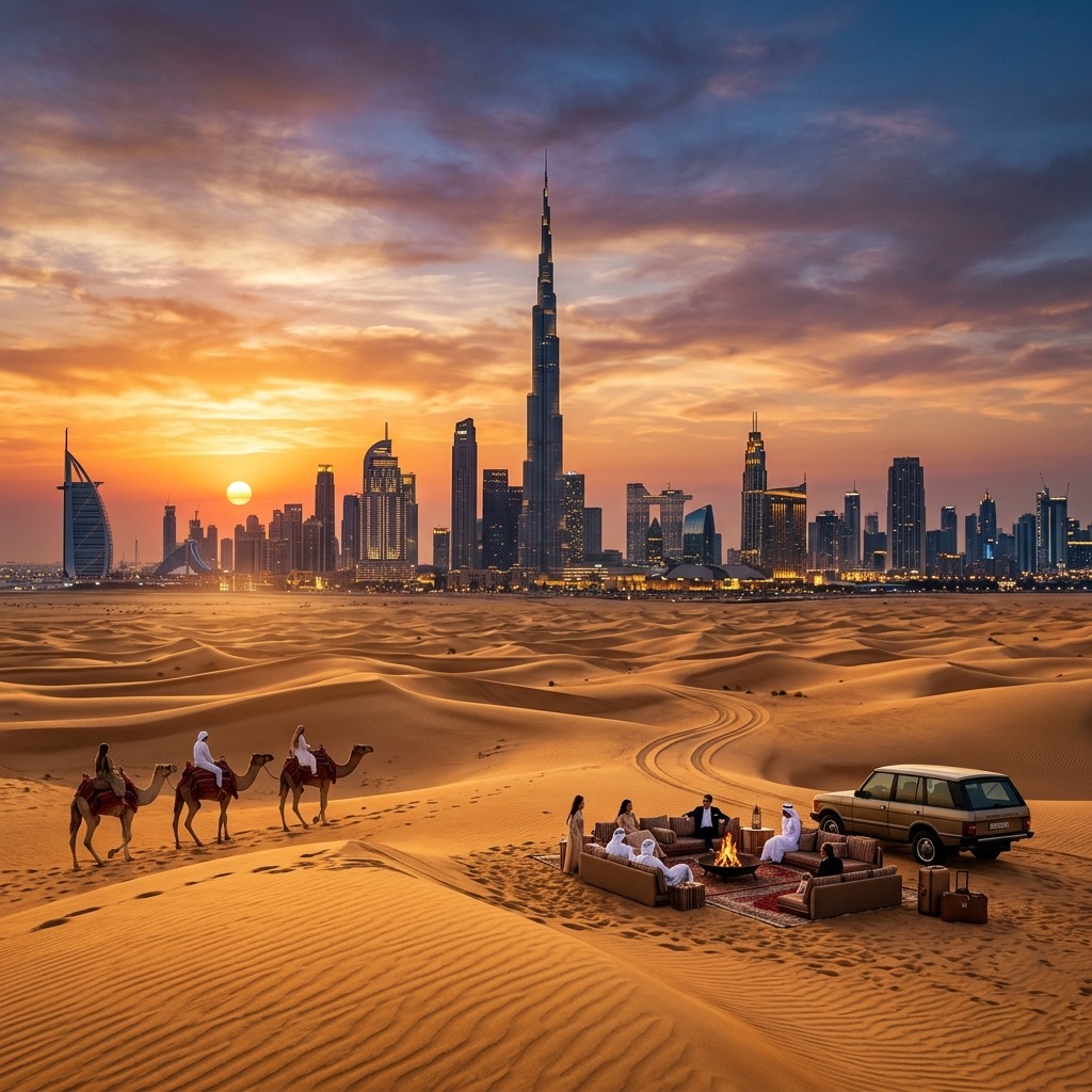 Vista da marina e arquitetura futurista de Dubai