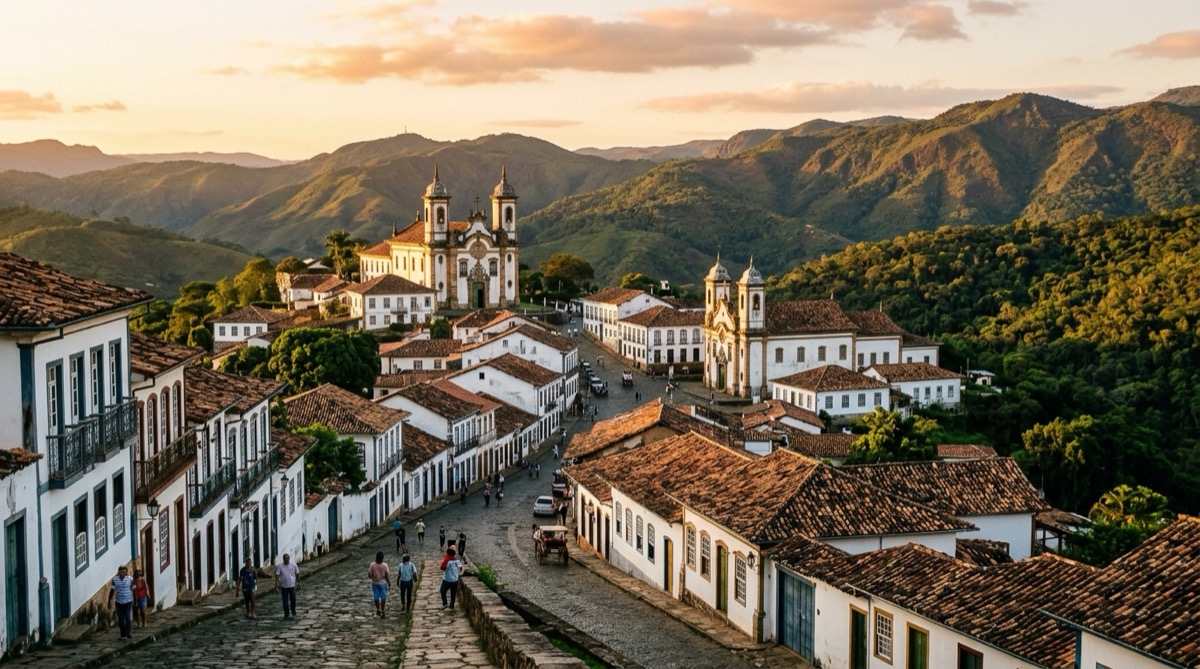 Casario colonial e montanhas de Minas Gerais em luz dourada