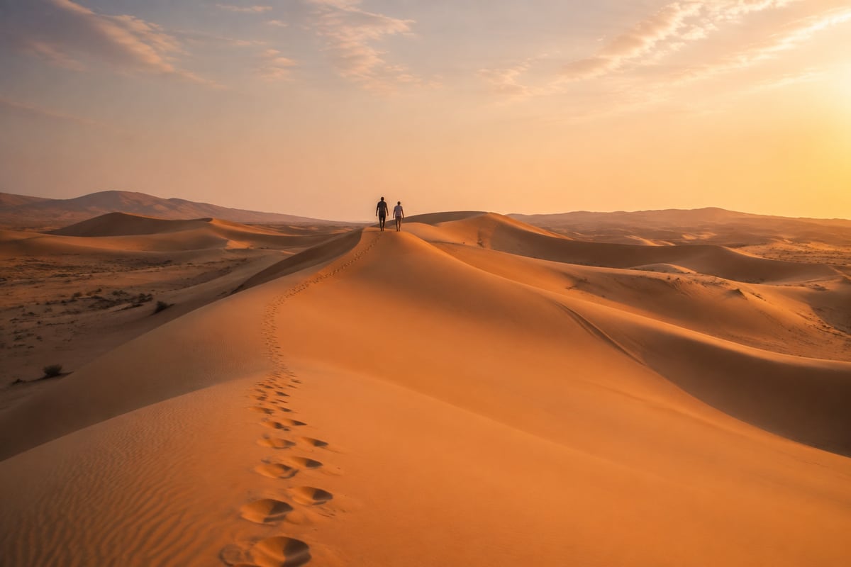 Cena ilustrativa de dois viajantes caminhando sobre dunas douradas inspiradas no deserto de Dubai
