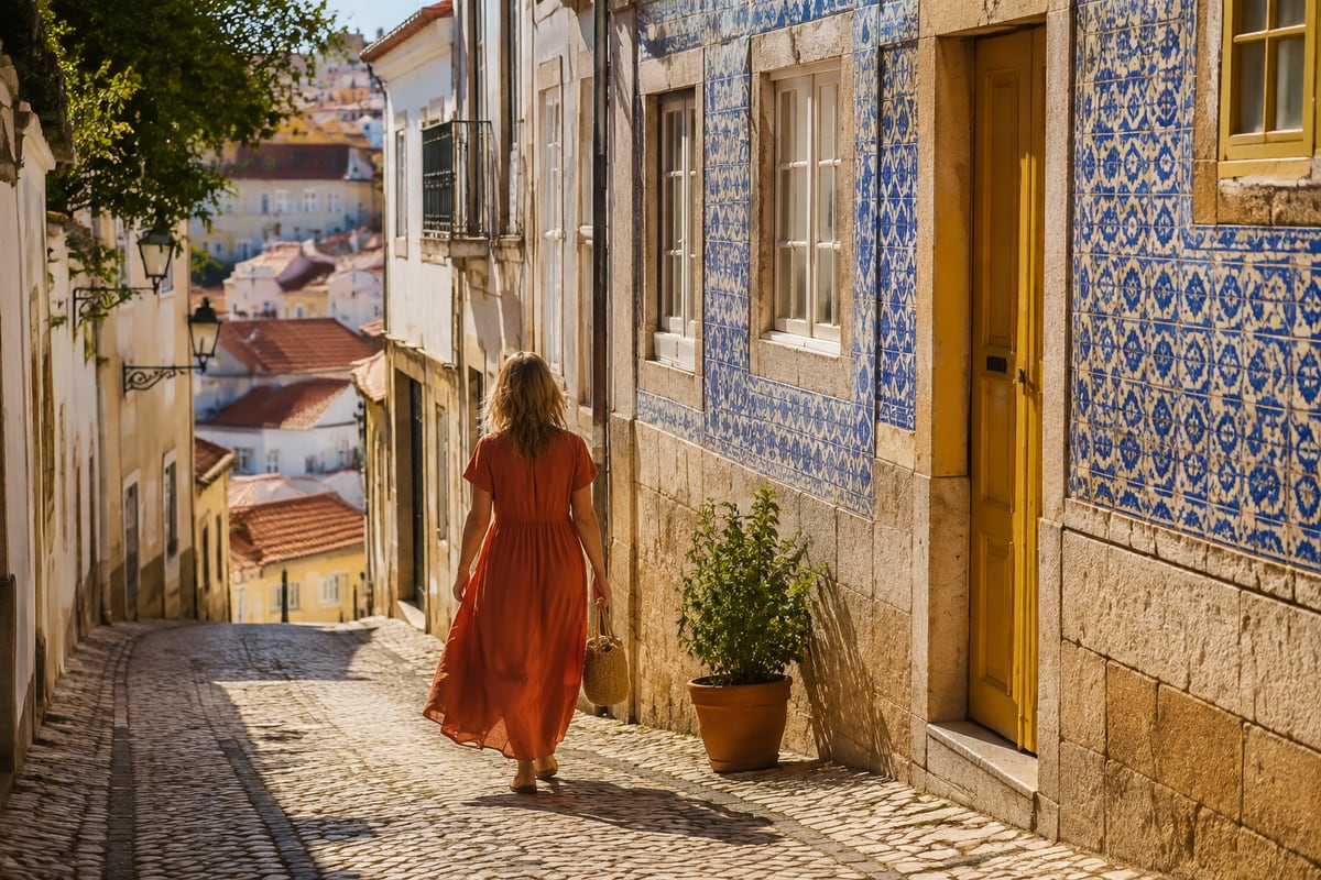 Cena ilustrativa de uma viajante caminhando por uma rua de azulejos inspirada em Lisboa