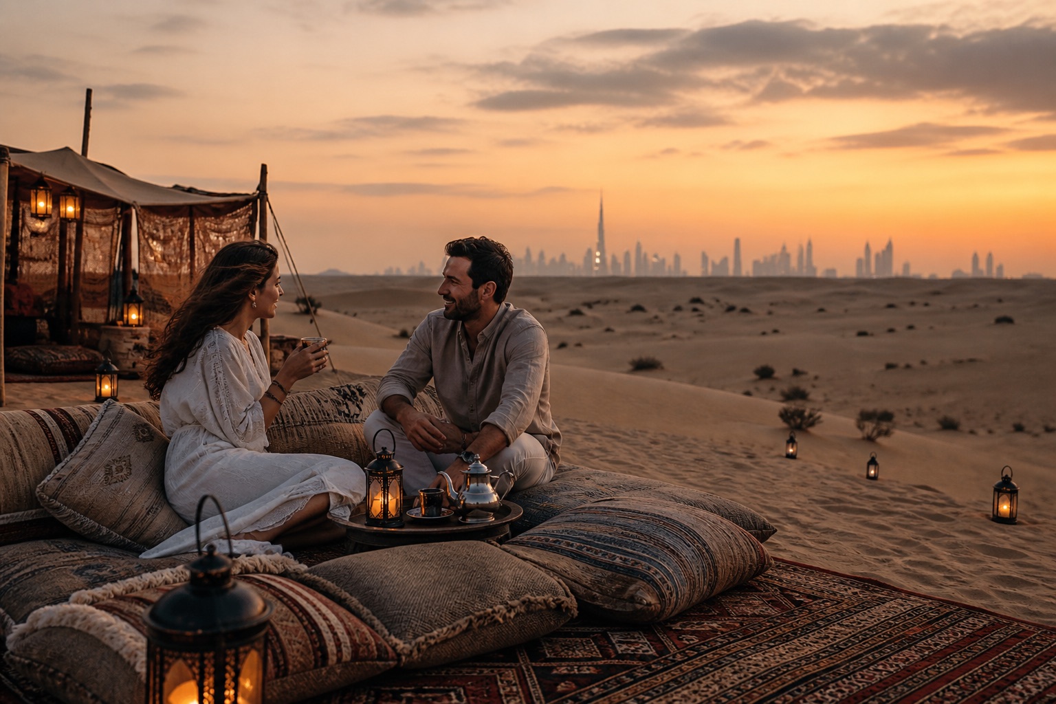 Cena ilustrativa de viajantes no deserto de Dubai ao pôr do sol