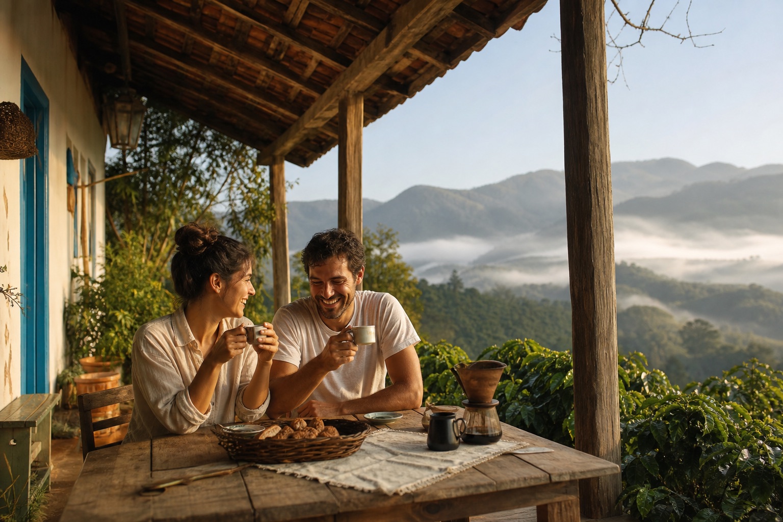 Cena ilustrativa de viajantes tomando café em uma fazenda de Minas Gerais