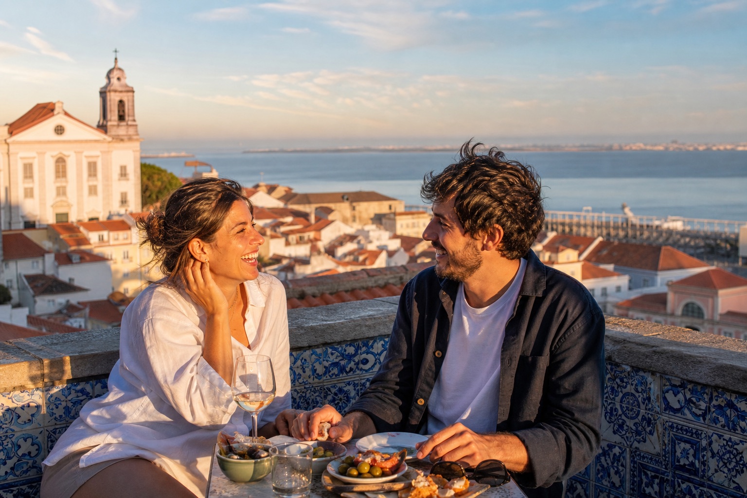 Cena ilustrativa de viajantes à mesa em um miradouro de Lisboa